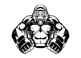 vector of Roaring Gorilla with MMA Glove Black and White Illustration © bazzier