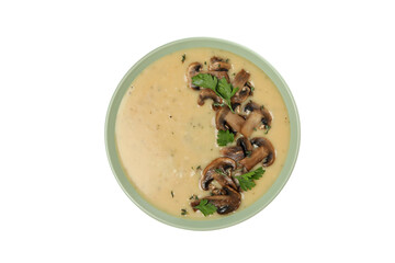 PNG, A bowl of cream of mushroom soup with parsley, isolated on white background