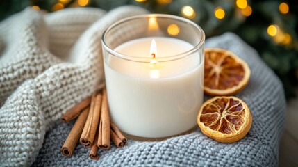 a cinnamon scented candle burning on a cozy