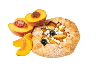 PNG, Fruit galette and cut peaches, isolated on white background
