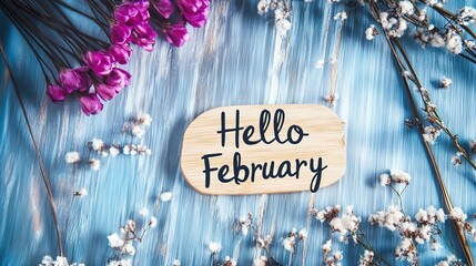 "Hello February" text design in high-resolution (8K, HD) format, perfect for wallpapers and seasonal decor, featuring a romantic and stylish font.