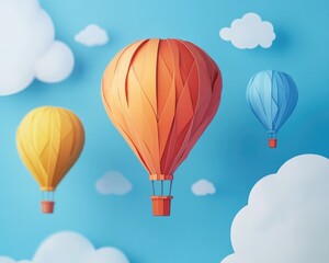 Obraz premium Vibrant hot air balloons soaring through a clear blue sky illustrated in a paper craft style