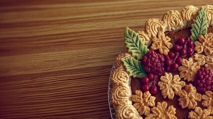 A beautifully decorated pie featuring intricate leaf and berry designs, set against a warm wooden background.