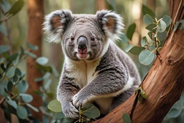 Fototapeta premium Koala Climbing a Eucalyptus Tree in a Sunlit Forest: A cozy koala climbing or perched on a eucalyptus tree in a sun-dappled forest.