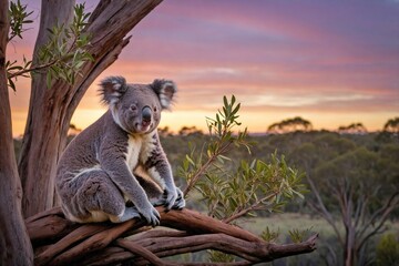 Koala at Twilight with a Backdrop of Australian Bushland: A koala emerging from its tree at twilight, with the deepening colors of the Australian bushland in the background.