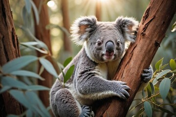 Fototapeta premium Koala Climbing a Eucalyptus Tree in a Sunlit Forest: A cozy koala climbing or perched on a eucalyptus tree in a sun-dappled forest.