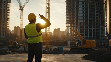Experienced construction foreman overseeing a busy building site with construction workers and heavy machinery in action