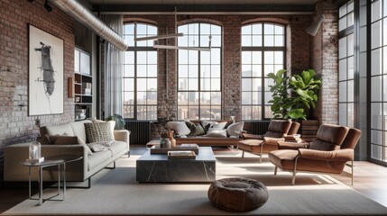 Modern urban apartment with brick walls, sleek furniture, and floor-to-ceiling windows presenting impressive cityscape views.