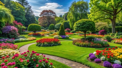 Lush greenery and colorful flowers in a well-manicured park setting, park, landscaping, beautiful, outdoors, nature, greenery