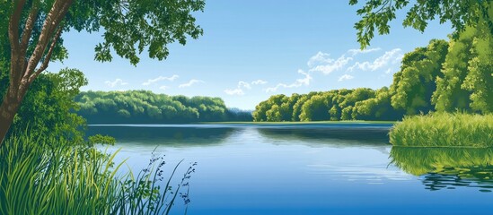 Serene landscape featuring lush greenery and tranquil waters under a clear blue sky creating a peaceful natural environment