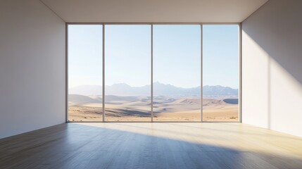 Fototapeta premium Spacious room with a large window offering a stunning view of a desert landscape and sand dunes 3D rendering