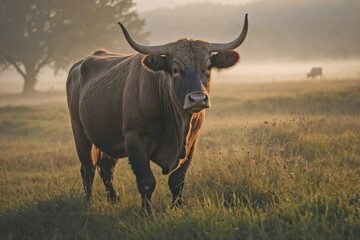 Ox Grazing in a Misty Morning Meadow: A powerful ox stands in a wide, dew-covered meadow at dawn, its dark coat glistening in the soft morning light.