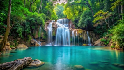 Erawan Waterfall in Thailand surrounded by lush greenery and turquoise pools , Erawan Waterfall
