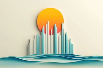 Obraz premium Vibrant Infographic in Coastal Serenity: Clean Lines and Colorful Bars Against a Sunset Ocean Backdrop
