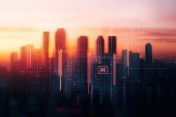 Fototapeta premium Dynamic Infographic Against a Futuristic Cityscape at Sunset with Neon Geometric Shapes and High-Tech Icons