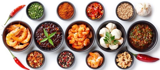 Assortment of Colorful Spice Bowls with Various Herbs Spices and Condiments on a Dark Wooden Background  Concept of Diverse Cuisine Healthy Cooking and Culinary Traditions