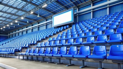 Naklejka premium Blue stadium seats with electronic billboard display , sports venue, seating, bleachers, electronic screen