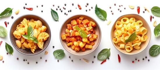 Overhead view of various types of Italian pasta dishes including penne rigatoni and farfalle served with tomato sauce basil and fresh vegetables like tomatoes onions and peppers