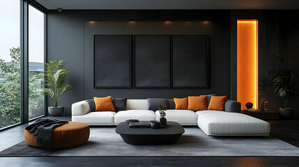 Modern Living Room Interior Design with Orange Accents 3D Illustration
