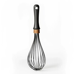 Closeup of a stylish black metal wire whisk a versatile kitchen tool used for mixing blending beating and stirring ingredients during cooking and baking