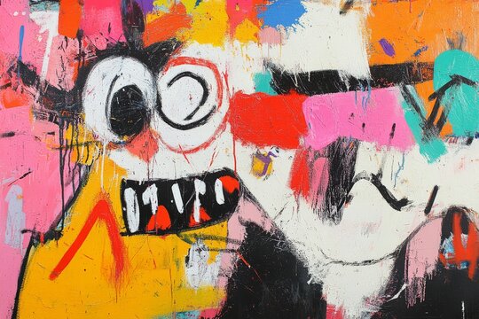 Chaotic and abstract depiction of insanity featuring swirling patterns distorted shapes and fragmented elements Bright clashing colors with sharp contrasts and jagged lines Elements of disarray and co