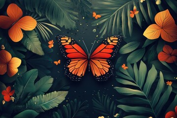 Tropical Illustration with Orange Butterfly and Green Leaves