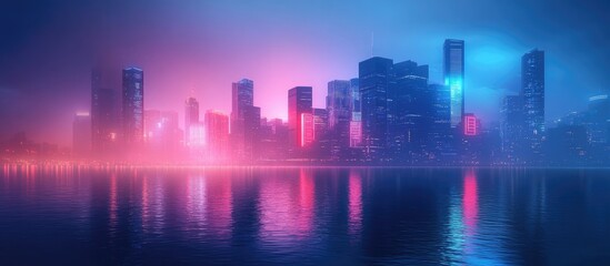 Dramatic Night Scene Along A River With Neon Lights Reflecting On Calm Water Evaporated Cityscape In Atmospheric Mist With Modern Skyscrapers In The Background Digital Art 3D Illustration