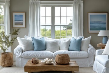 Cozy living room with a serene coastal view.