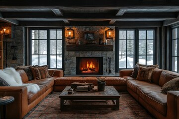 Cozy living room with a fireplace and snowy view.