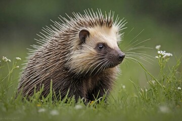 Naklejka premium Porcupine Foraging in a Meadow After Rain: A porcupine nestled in a grassy meadow, surrounded by glistening leaves and wildflowers