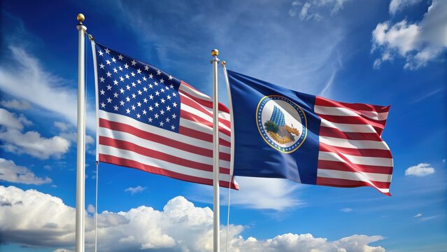 Utah state flag waving alongside the national flag of the United States of America , Utah, state flag, United States