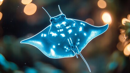 A luminous electric blue stingray gliding gracefully through a dreamy underwater scene.