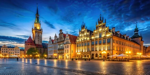 Fototapeta premium Market square and Town Hall illuminated at night in Wroclaw, Poland, Market square, Town Hall, night, illuminated