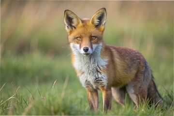 A fox stands alert in a lush green field, surrounded by tall grass under a clear blue sky