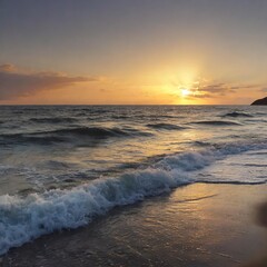 Obraz premium Stunning Sunset Over Tranquil Ocean, Waves Gently Lapping at the Shore