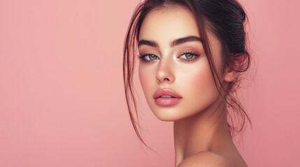 Fototapeta premium Young beautiful woman with flawless skin and natural makeup looking at the camera. Beauty trends, skincare, cosmetics concept