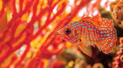 Obraz premium A vibrant orange fish with blue spots swimming gracefully among colorful coral.