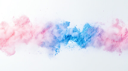 Obraz premium Colorful powder explosion creating vibrant clouds of pink and blue against a white background, perfect for artistic designs.