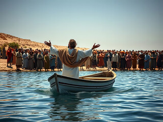 Gospel Images from the Bible NT - Jesus teaches crowd from a boat on the Sea of Galilee