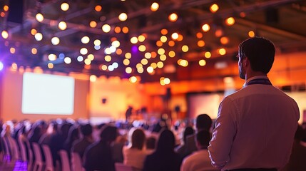 Event planner managing a large corporate conference with attendees, presentations, and detailed organization. 