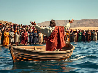 Gospel Images from the Bible NT - Jesus teaches crowd from a boat on the Sea of Galilee