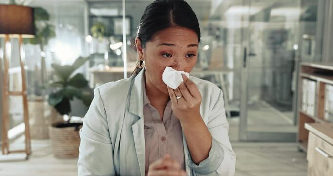 Business woman, sick and sneeze with tissue in office for allergies, cold and virus germs. Asian employee blowing nose for infection of influenza, allergy and risk of bacteria, sinusitis and hayfever