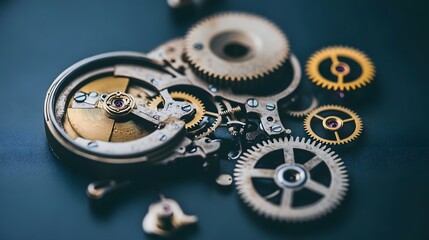 Intricate dismantled mechanical watch with detailed gears and springs on dark background, symbolizing precision and complexity in teardown analysis