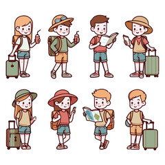 Set of young tourists traveling people with travel bag, backpack and map, going on vacation trip. Traveler travel and tourism.