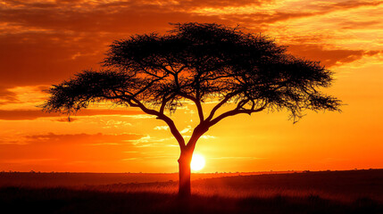 Fototapeta premium Sunset in an African savannah landscape with acacia tree.