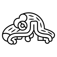 Head of fantastic animal with open jaw. Ethnic design of Aztec Indians from Mexican codex. Black and white linear silhouette.