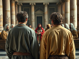 Gospel Images from the Bible NT - Peter and John stand trial before the Sanhedrin defending miracle of healing lame man