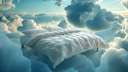 Serene bed with white linens among fluffy clouds, symbolizing peace and comfort. Dreamy and restful sleep concept. Design for bedding advertisement, wellness campaign.