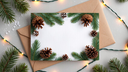  A festive Christmas scene with a blank card in a brown envelope surrounded by pine branches, snowflakes, pine cones, and fairy lights.