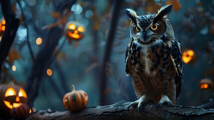 Owl perched on tree branch surrounded by jack-o-lanterns in a spooky forest